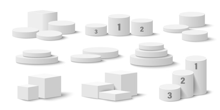 Realistic 3d podium, winner pedestal, circle display stage. White empty museum exhibition pillars, square product showroom displays vector set