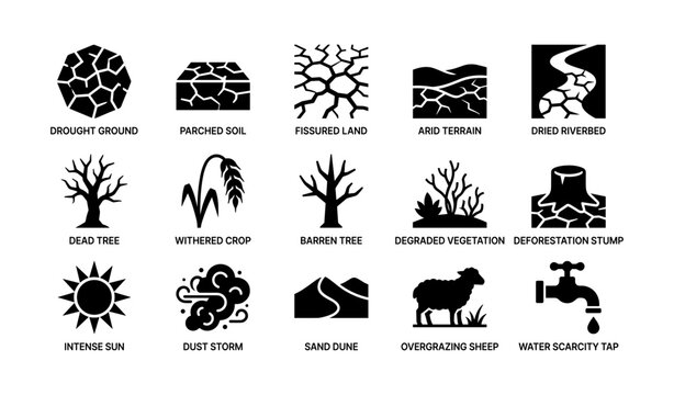 Icons of drought, land degradation and water scarcity in grid