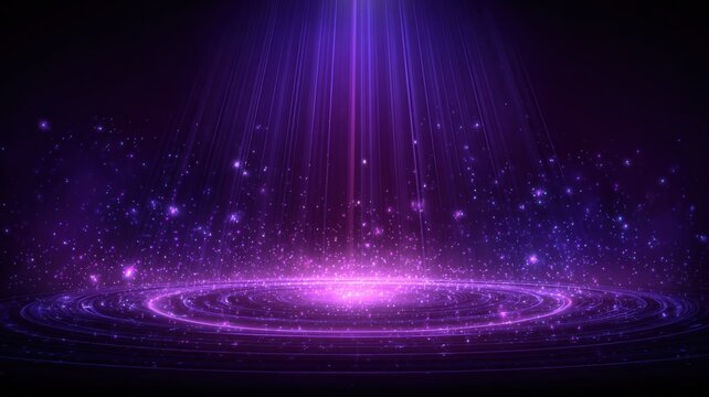 Vibrant purple light beam and energy particles erupting from a circular stage against a dark background