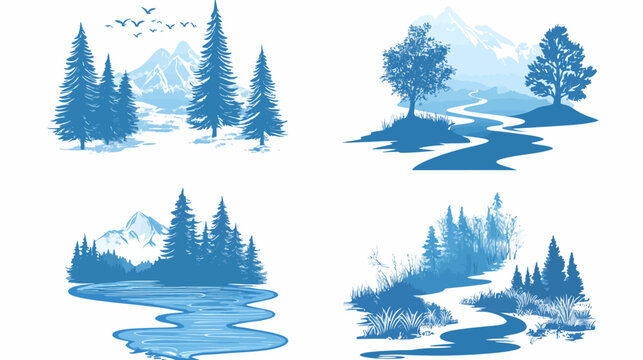 Four vignettes featuring stylized, blue landscapes with mountains, trees, water, and birds