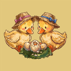 Naklejka premium Cute baby duck family wearing straw hats watching a duckling hatching from an egg in a nest, hand-drawn watercolor style vector illustration on a warm yellow background