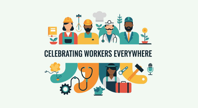 Workers from various professions are gathered together celebrating everywhere.
