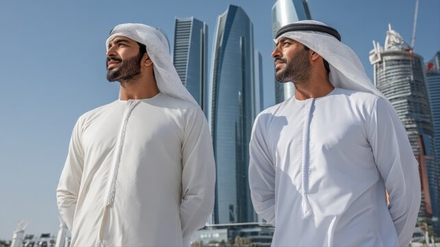 Two Arab men in traditional white thobes standing confidently in a modern cityscape overlooking skyscrapers