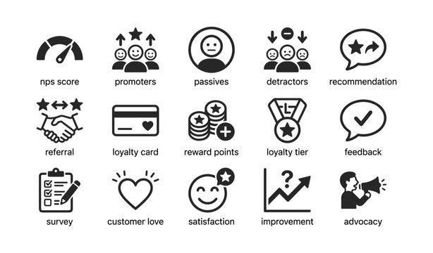 Customer loyalty and feedback icons arranged in grid on white