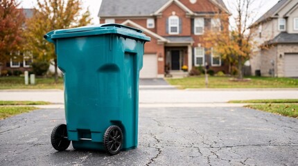 Obraz premium Vibrant glossy teal trash bin with black wheels stands in a residential driveway. Suburban house and autumn foliage blur in the background.
