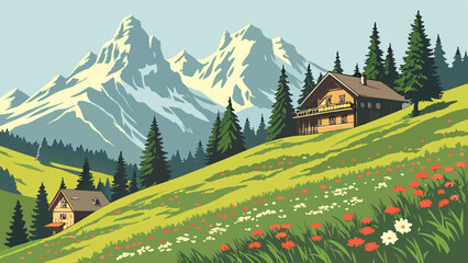 Naklejka premium Scenic alpine landscape with wooden cabins and mountain peaks in spring