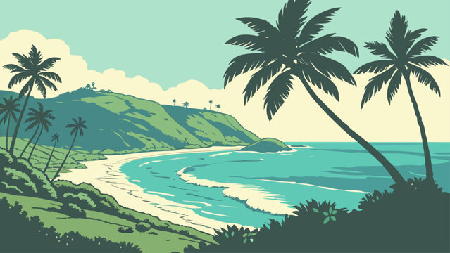 Retro tropical beach scene with palm trees and coastal landscape, tropical