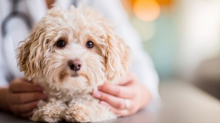 Adorable fluffy small dog being held by veterinarian, looking with big eyes at camera during checkup