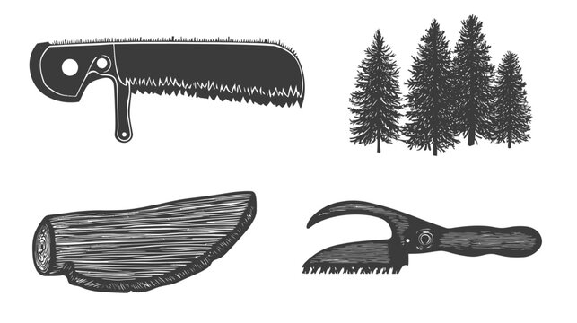 A collection of illustrations related to forestry and woodworking, including tools and trees