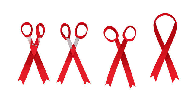 Four images in a row. Scissors cutting a red ribbon with different cut positions and an unbroken ribbon