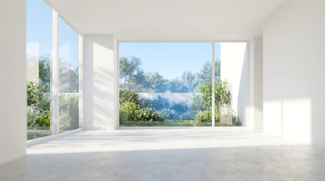 Minimalist white studio interior with morning sunlight and lush green courtyard view through large windows