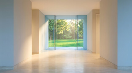 Fototapeta premium Modern high-ceilinged hallway with floor-to-ceiling glass doors opening to lush sunlit lawn