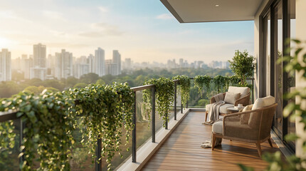 Obraz premium Expansive modern urban balcony with woven rattan chairs and lush hanging vines overlooking city haze and green parklands at golden hour