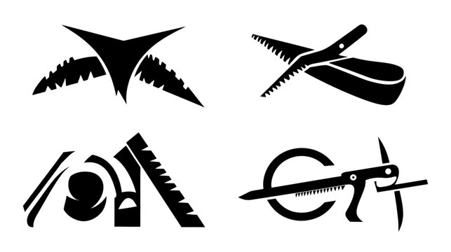 Four black silhouette graphics depicting woodworking tools on a white background