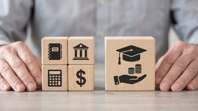 A persons hands rest near wooden blocks representing financial planning and education savings on a table