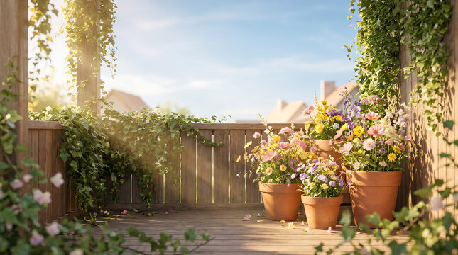 Cozy Balcony Corner Overflowing with Vibrant Wildflowers and Cascading Ivy in Golden Hour Sunlight