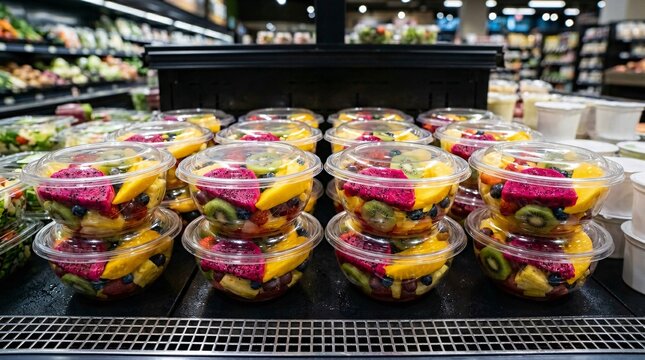 Vibrant rainbow fruit salads with bright pink dragonfruit and yellow mango rest neatly on a dark refrigerated supermarket shelf perfectly.