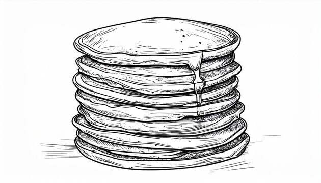 Hand-Drawn Stack of Pancakes with Syrup Drizzling Down.