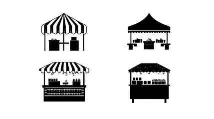 Naklejka premium Black and white illustration of four market stalls with different roof designs
