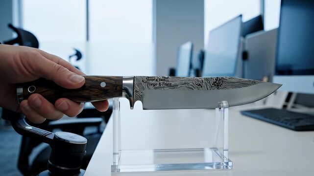 Artisan Damascus Steel Hunting Knife with Dark Wooden Handle and Silver Bolster Displayed on Clear Acrylic Stand in a Modern Office