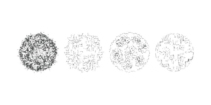 Set of four different black and white tree top view sketches for architecture and landscape design