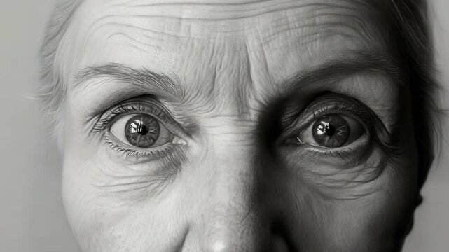 An elderly woman sits in a studio and shows various facial expressions. Each frame highlights the details of her eyes and face. The setting is simple and draws focus on her emotions