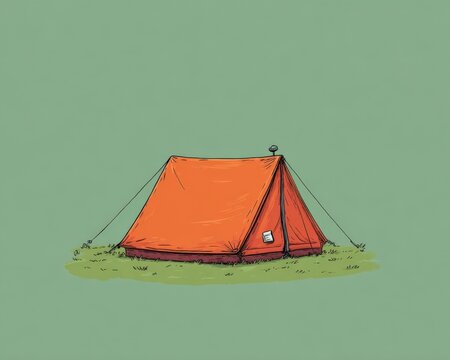 Vintage Style Orange Camping Tent Illustration on Green Background