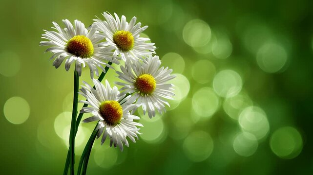 Daisies bloom gently on green screen fields concept. Close up of white daisy flowers with yellow centers on green bokeh background in nature
