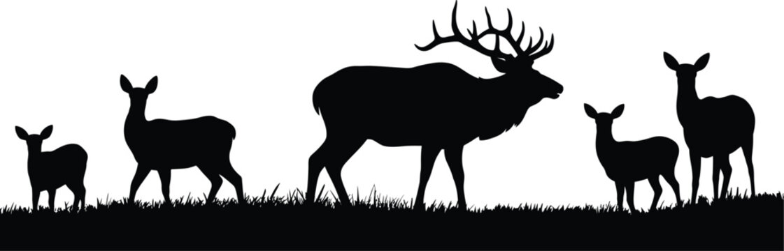 Black silhouettes of deer and stag on grass