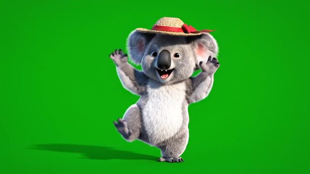 A cartoon koala wearing a hat dances on green screen background