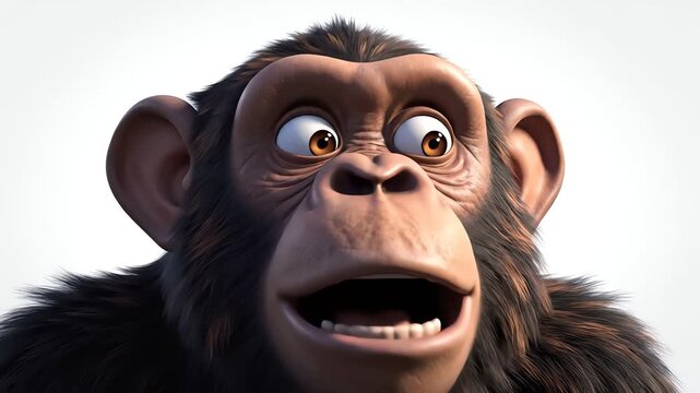 Cartoon Monkey Surprised chimpanzee face, shocked expression close-up, realistic 3D animal portrait with open mouth, detailed fur texture, emotional wildlife character isolated on neutral background.