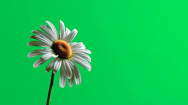 Close-up of a white daisy flower with yellow center on vibrant green background natural beauty