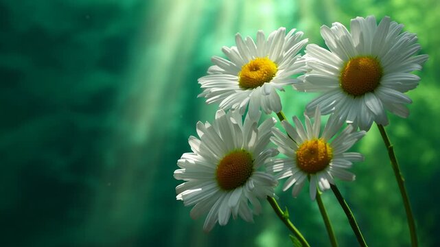 Close up of white daisies with yellow centers glowing in sunlight against green blurred background