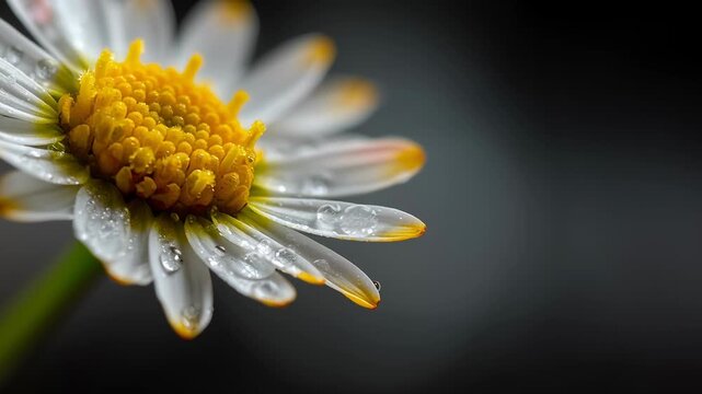Close up of white daisy flower petals with yellow tips and water droplets on dark background