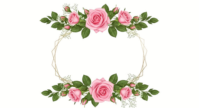 Pink Roses Floral Border with Geometric Frame, Wedding Invitation Design Element