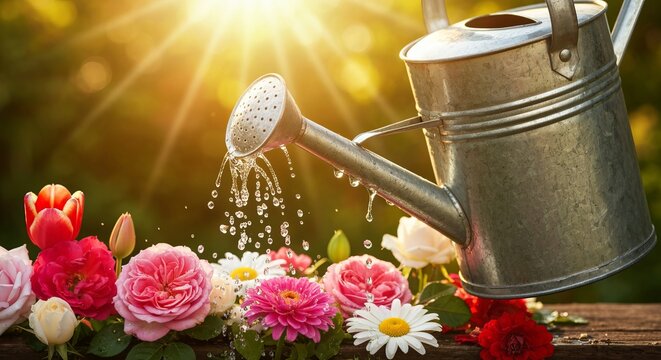 Charming Country Scene with a Vintage Zinc Jug Watering Vibrant Flowers Under the Bright Sun