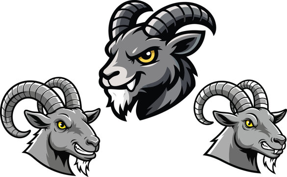 Cartoon depictions of a grey goat s head in multiple poses