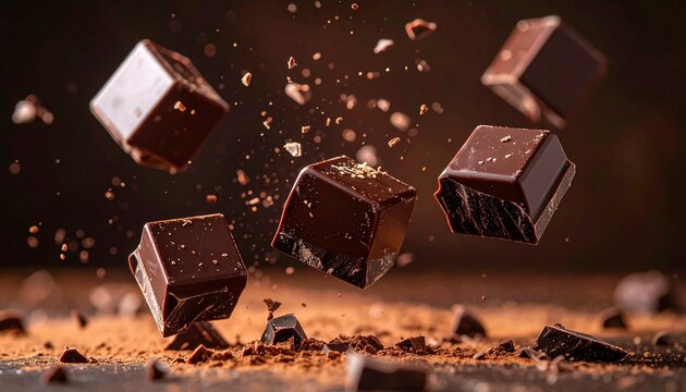 Delicious dark chocolate cubes falling with cocoa powder explosion.