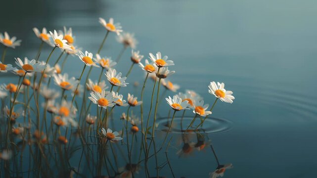 Beautiful white daisies with yellow centers blooming in calm blue water reflecting nature's tranquility