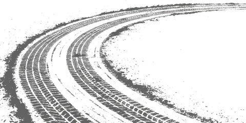 Fototapeta premium Black tire tracks curving on a dusty ground surface