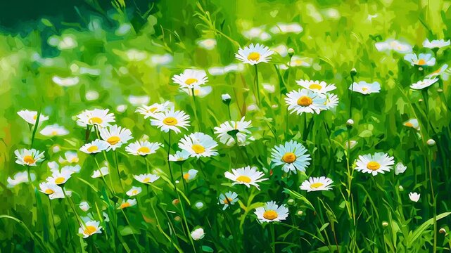 Beautiful blooming white daisies in a green meadow on a sunny day with vibrant natural colors
