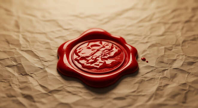 Antique red wax seal stamp impression on crumpled parchment paper, evoking history and authenticity