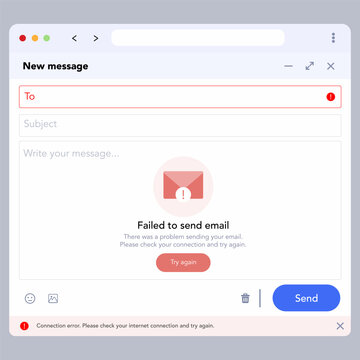 Email sending error notification UI failed message alert. vector illustration