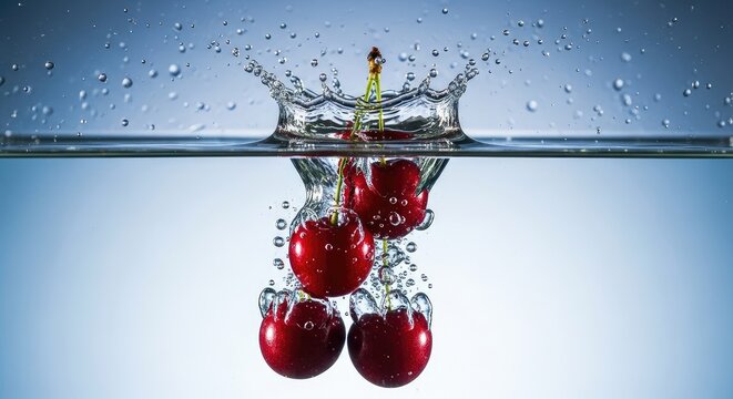 Cherries submerged underwater with bubbles.