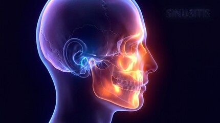 Obraz premium 3D medical illustration of human head with glowing brain and jaw pain concept