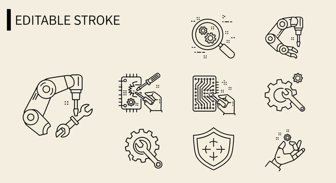 Editable stroke icons for business and technology.