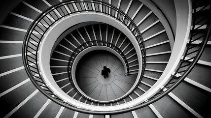 Fototapeta premium Dramatic overhead view of a person walking down a modern spiral staircase with architectural design