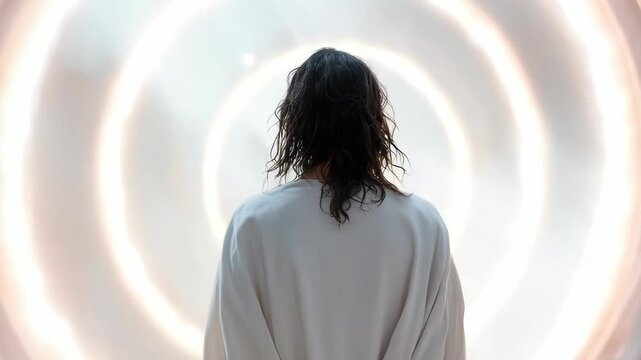 A figure in white clothing stands with their back to the camera. They gaze at a bright portal surrounded by light. The setting creates a feeling of awe and contemplation