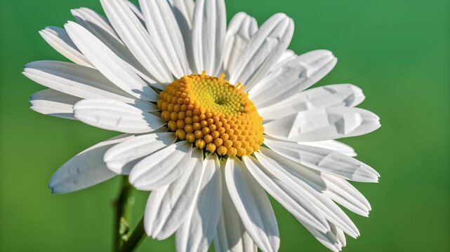 Close up of a white daisy flower with yellow center in bright natural sunlight against green background