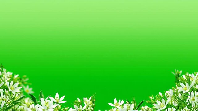 Bright green background with white spring flowers and fresh leaves for nature and floral design